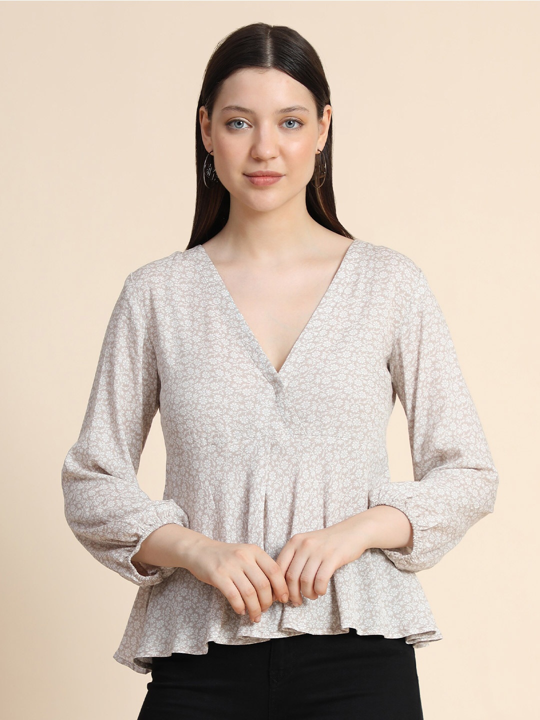 

KERI PERRY Floral Print Peplum Top, Beige