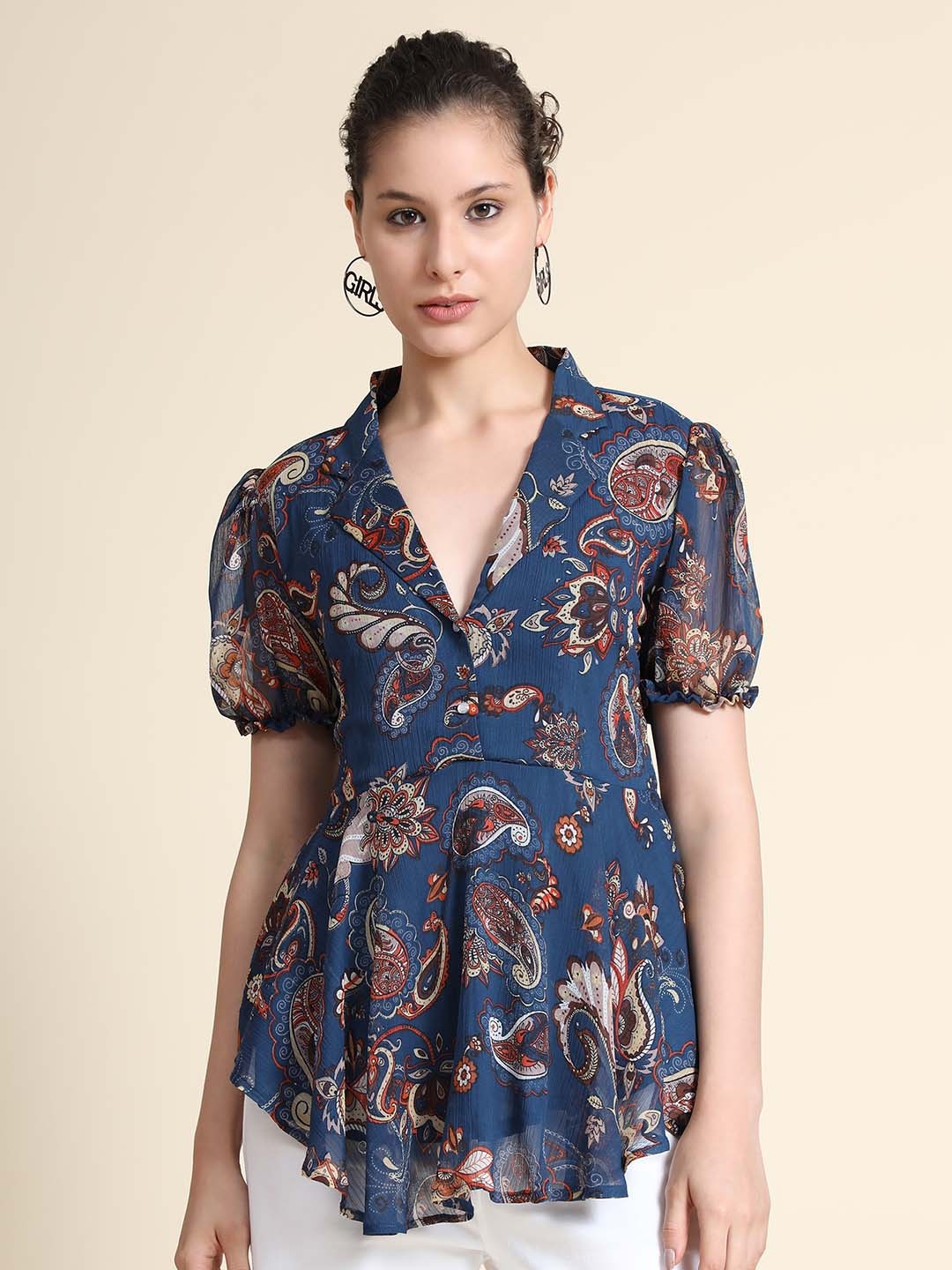 

KERI PERRY Paisley Printed Puff Sleeves Georgette Top, Navy blue