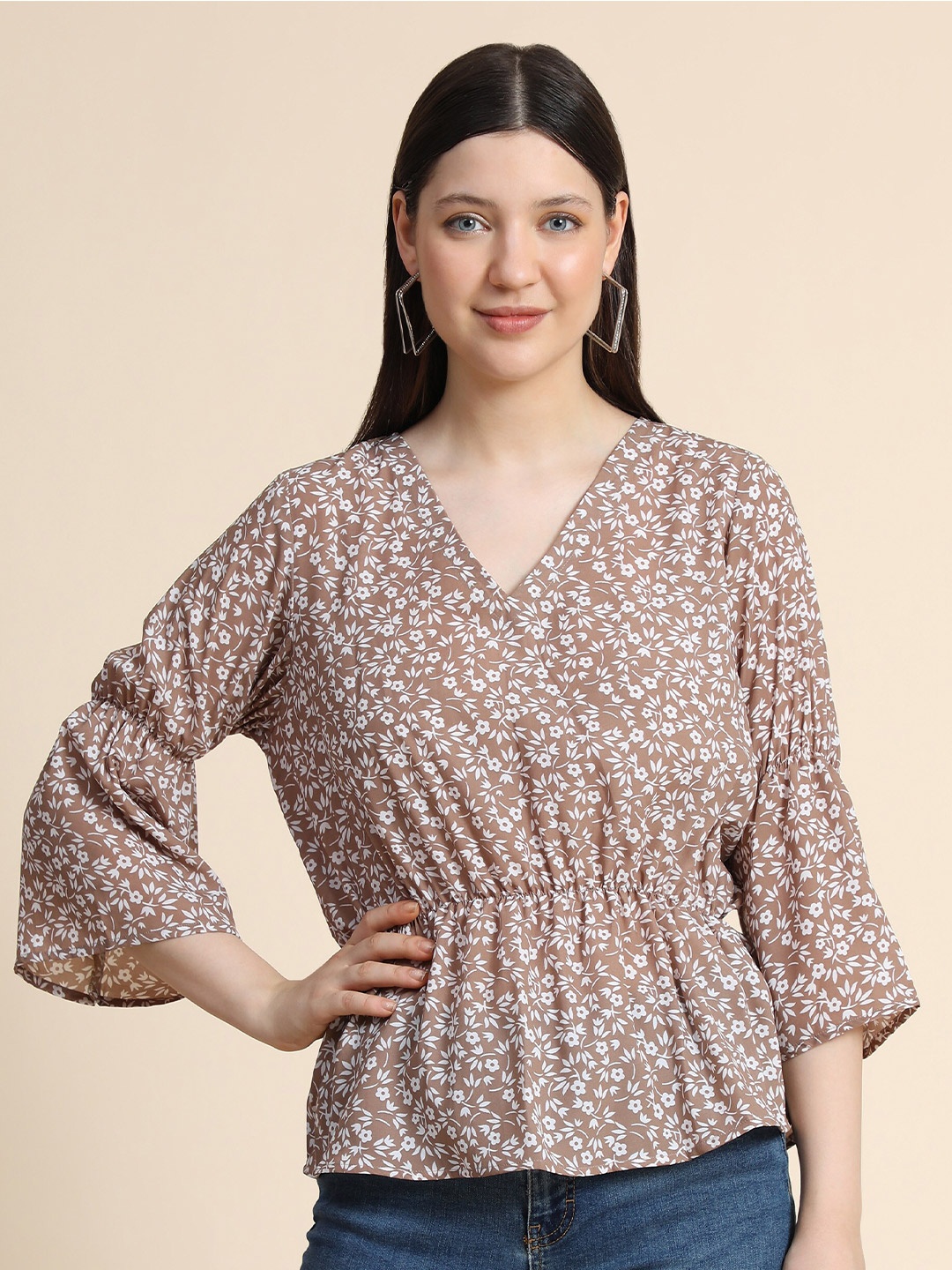 

KERI PERRY Floral Printed Bell Sleeves V-Neck Top, Brown