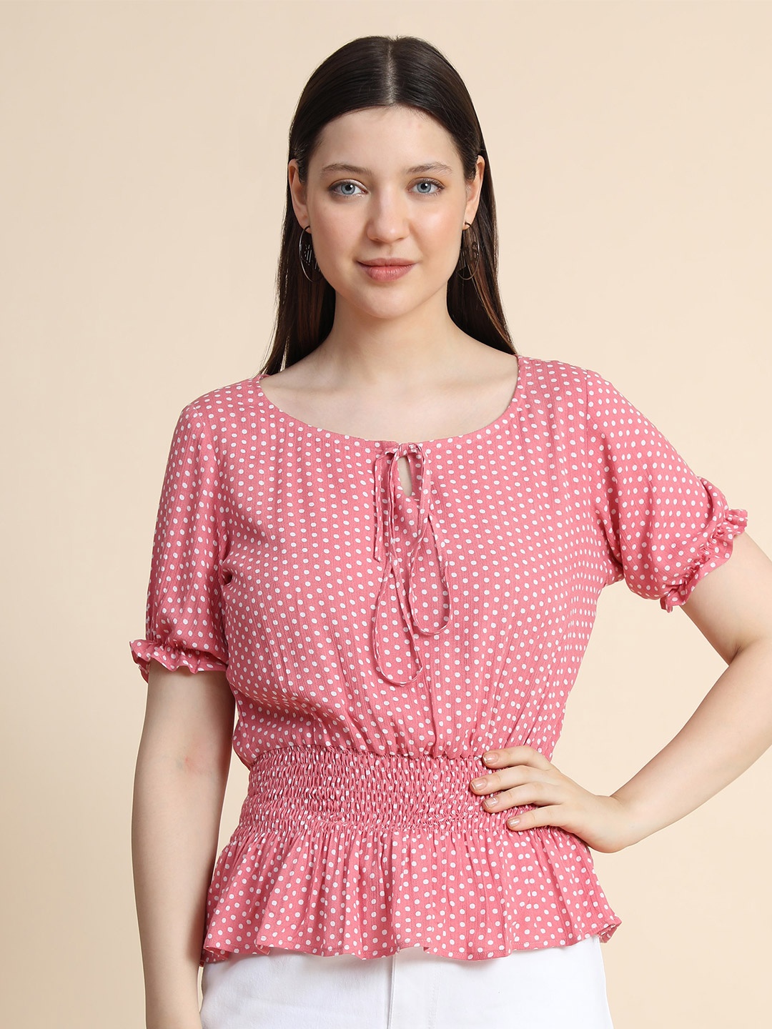 

KERI PERRY Polka Dots Printed Tie-Up Neck Puff Sleeves Cinched Waist Top, Pink