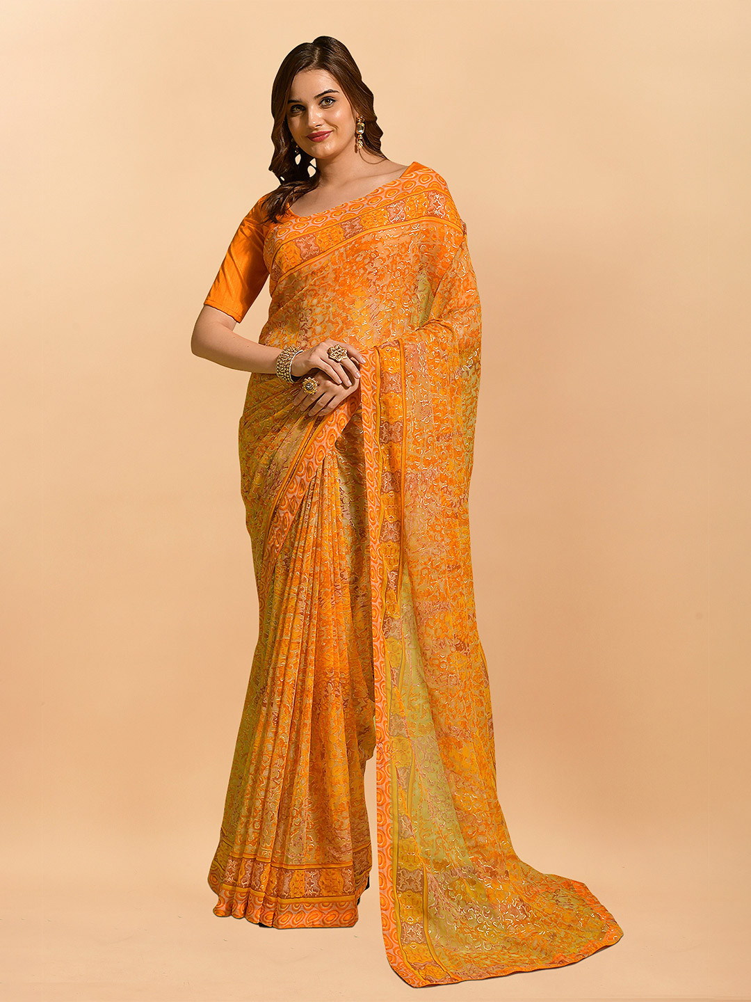 

KALINI Pure Chiffon Saree, Yellow
