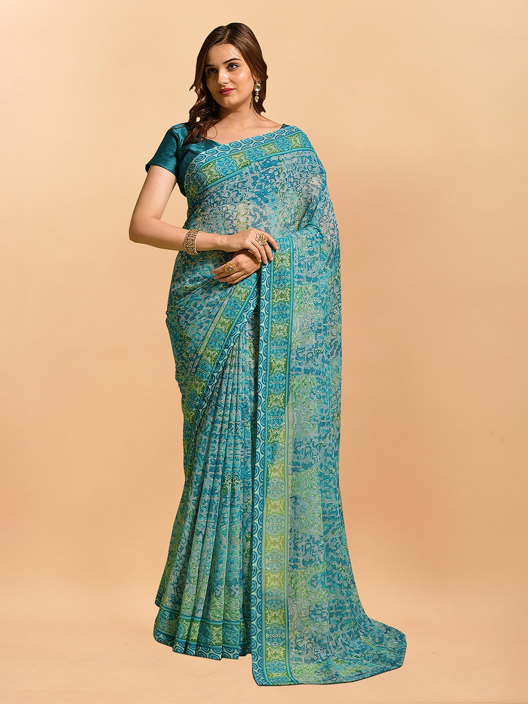

KALINI Turquoise Woven Design Patola Saree, Turquoise blue