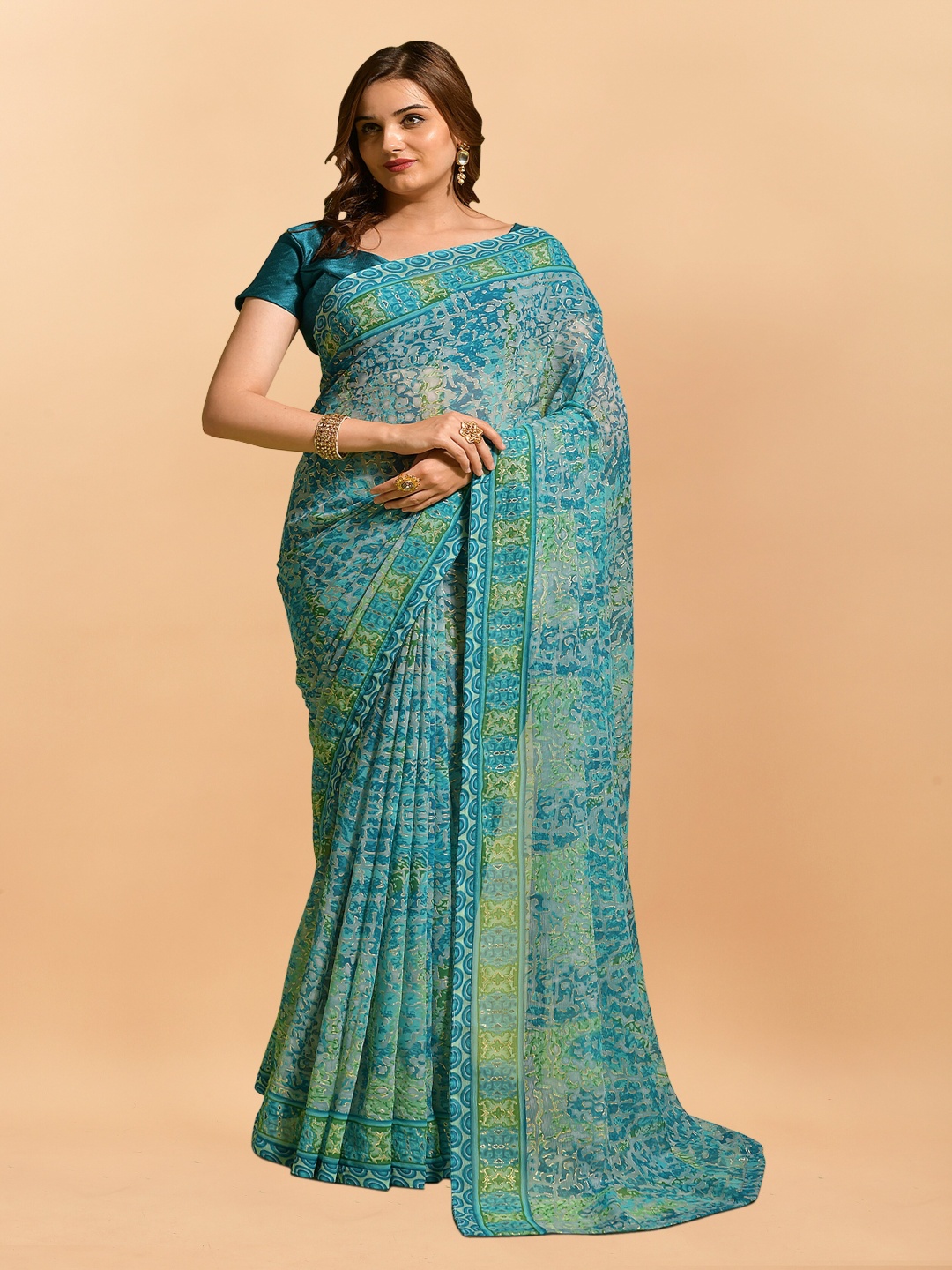 

KALINI Printed Pure Chiffon Saree, Turquoise blue