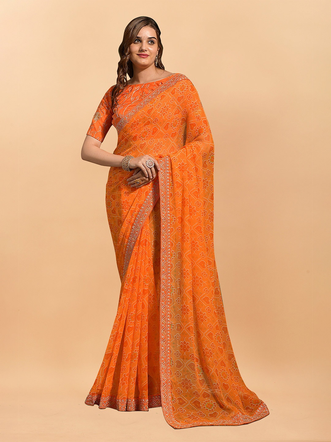 

KALINI Ethnic Motifs Pure Georgette Patola Saree, Orange