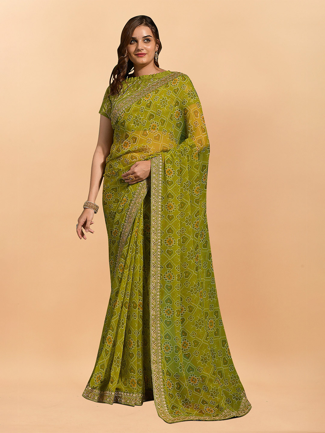 

KALINI Ethnic Motifs Pure Georgette Patola Saree, Green