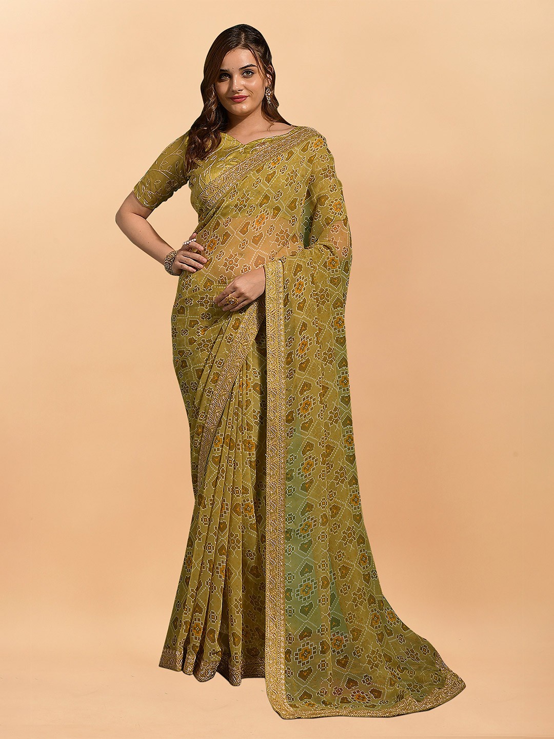 

KALINI Ethnic Motifs Pure Georgette Patola Saree, Olive