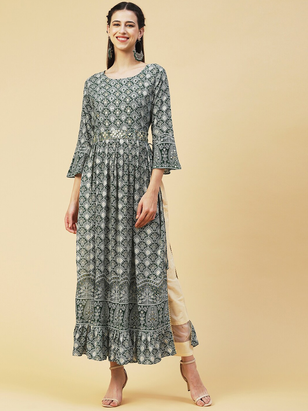 

FASHOR Women Ethnic Motifs Printed Bell Sleeves Mirror Work Indie Prints Anarkali Kurta, Green