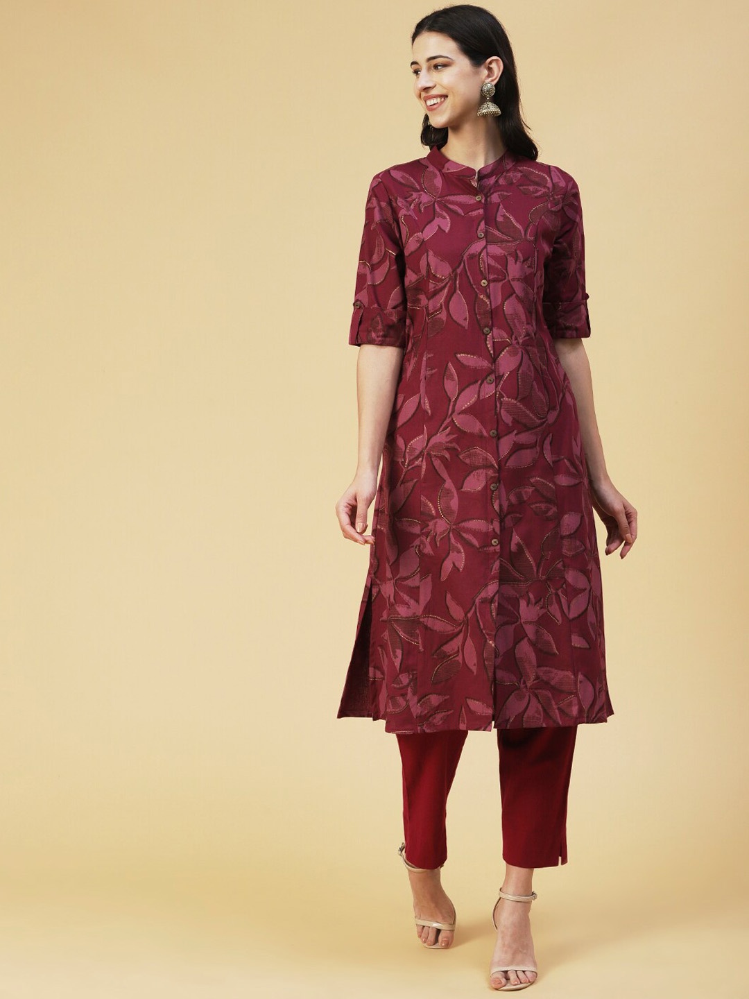 

FASHOR Women Floral Printed Cotton Kurta, Magenta