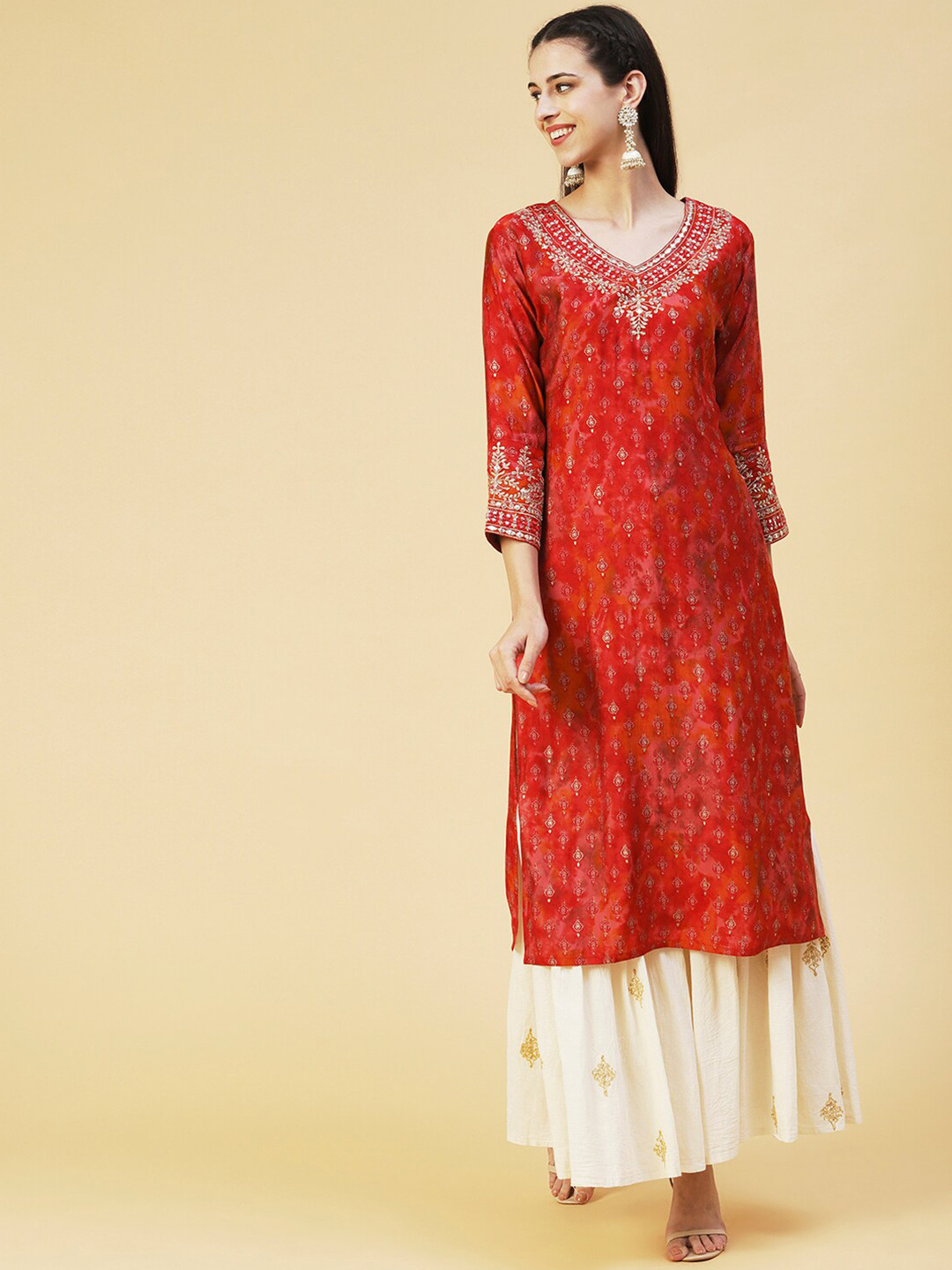 

FASHOR Women Ethnic Motifs Printed Indie Prints Kurta, Red