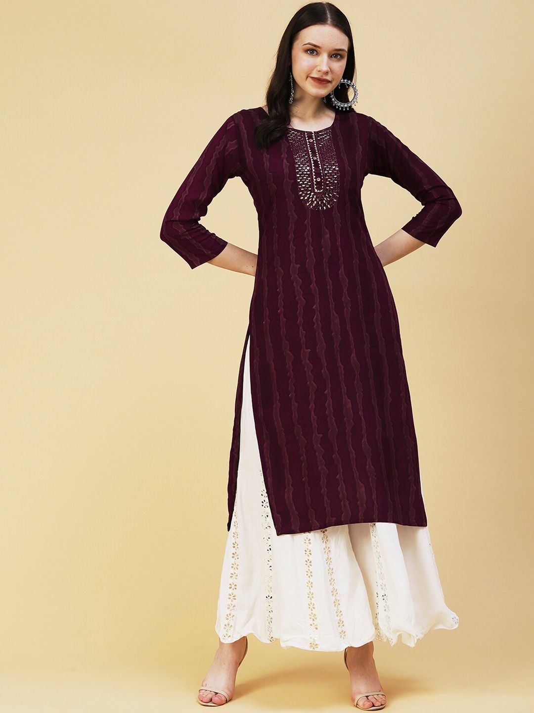

FASHOR Women Leheriya Yoke Design Mirror Work Kurta, Magenta