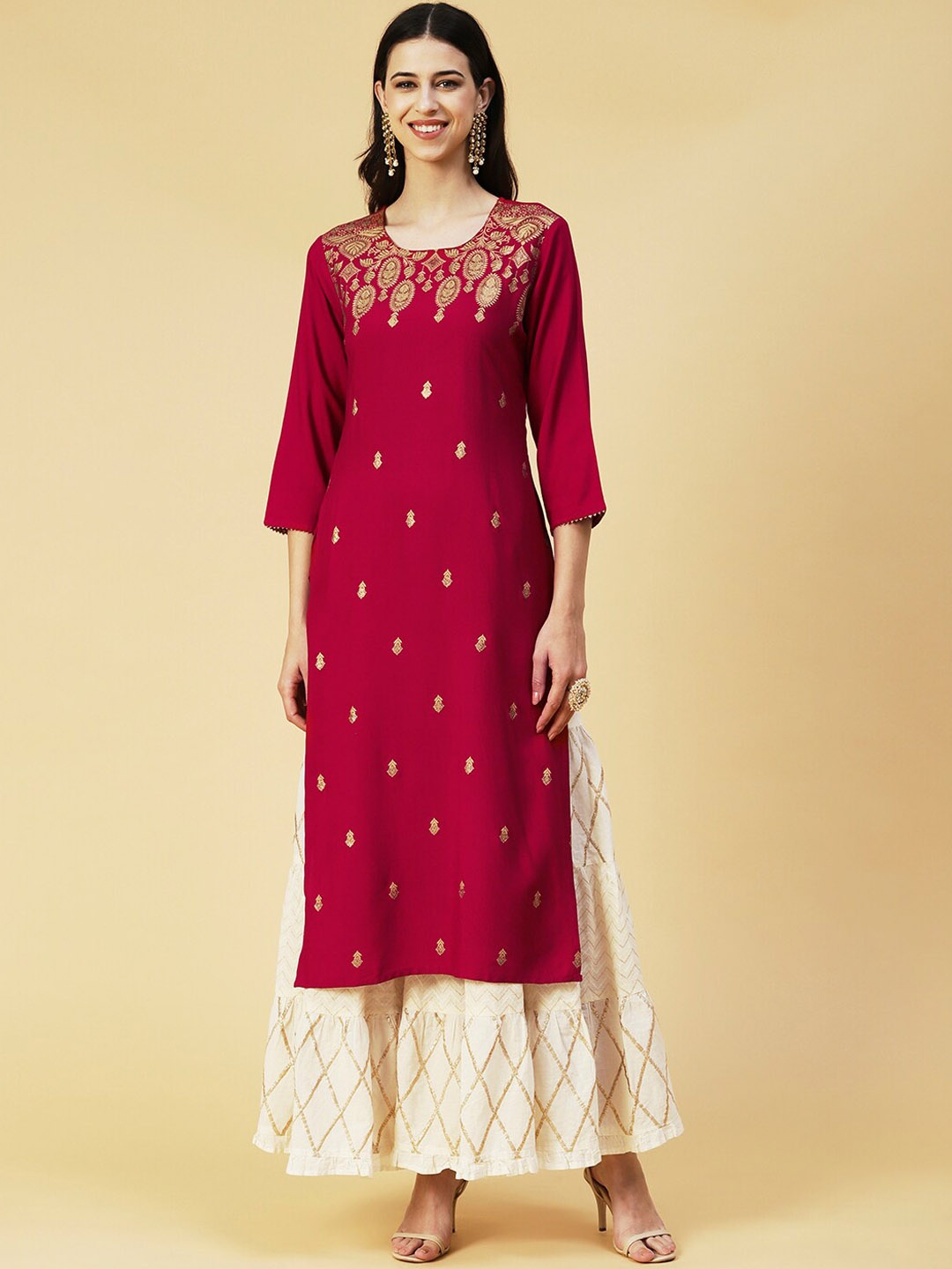 

FASHOR Women Ethnic Motifs Printed Kurta, Maroon