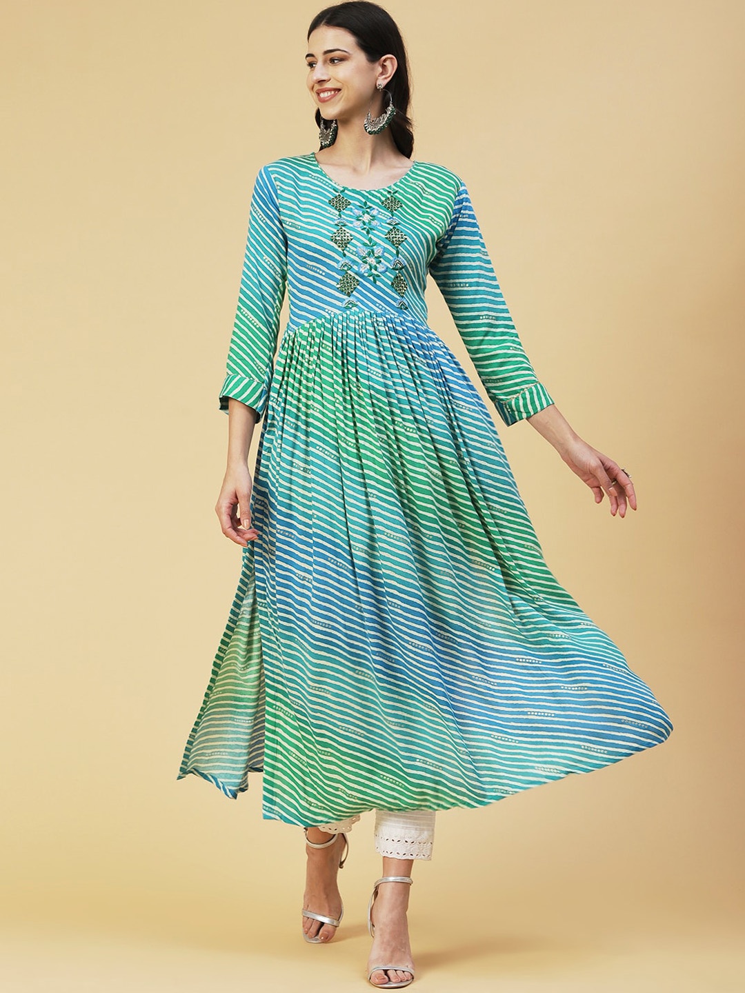 

FASHOR Leheriya Striped A-Line Thread Work Kurta, Turquoise blue