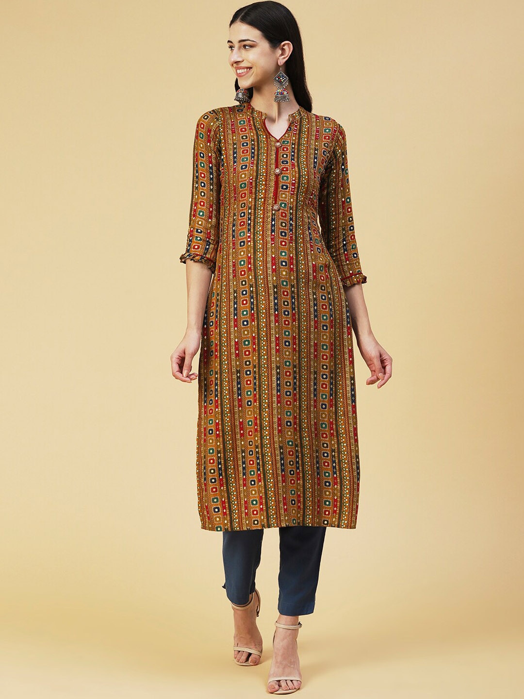 

FASHOR Ethnic Motifs Embroidered Mirror Work Kurta, Mustard
