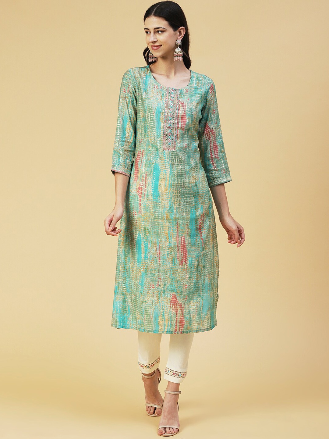 

FASHOR Dyed Mirror Work Kurta, Turquoise blue