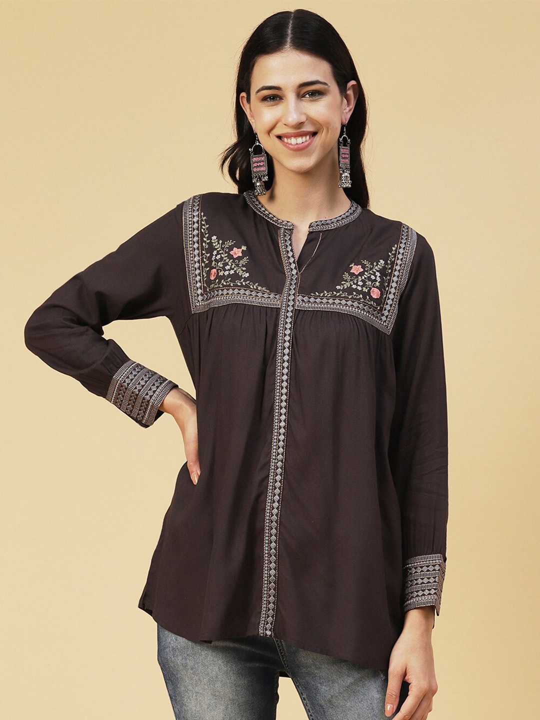 

FASHOR Embroidered Band Collar A-Line Top, Coffee brown