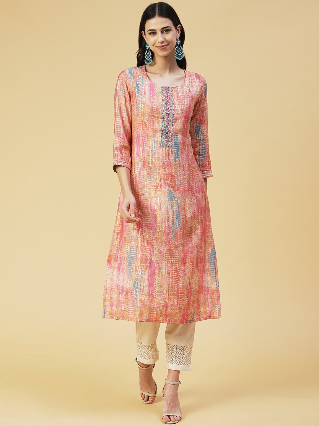 

FASHOR Abstract Printed Mirror Work Straight Kurta, Peach