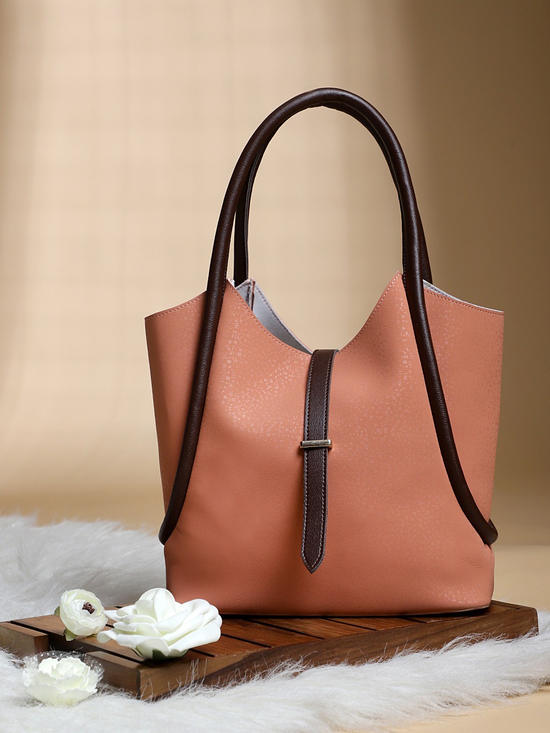 

LEGAL BRIBE Colourblocked PU Structured Shoulder Bag, Peach