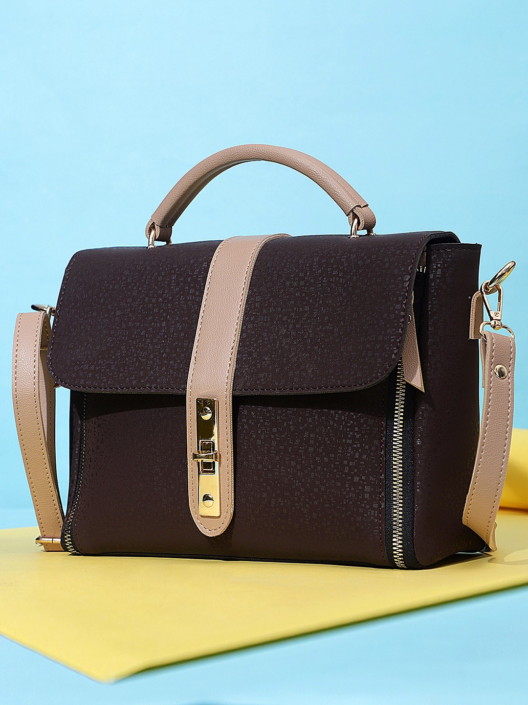 

LEGAL BRIBE Colourblocked PU Structured Sling Bag, Brown