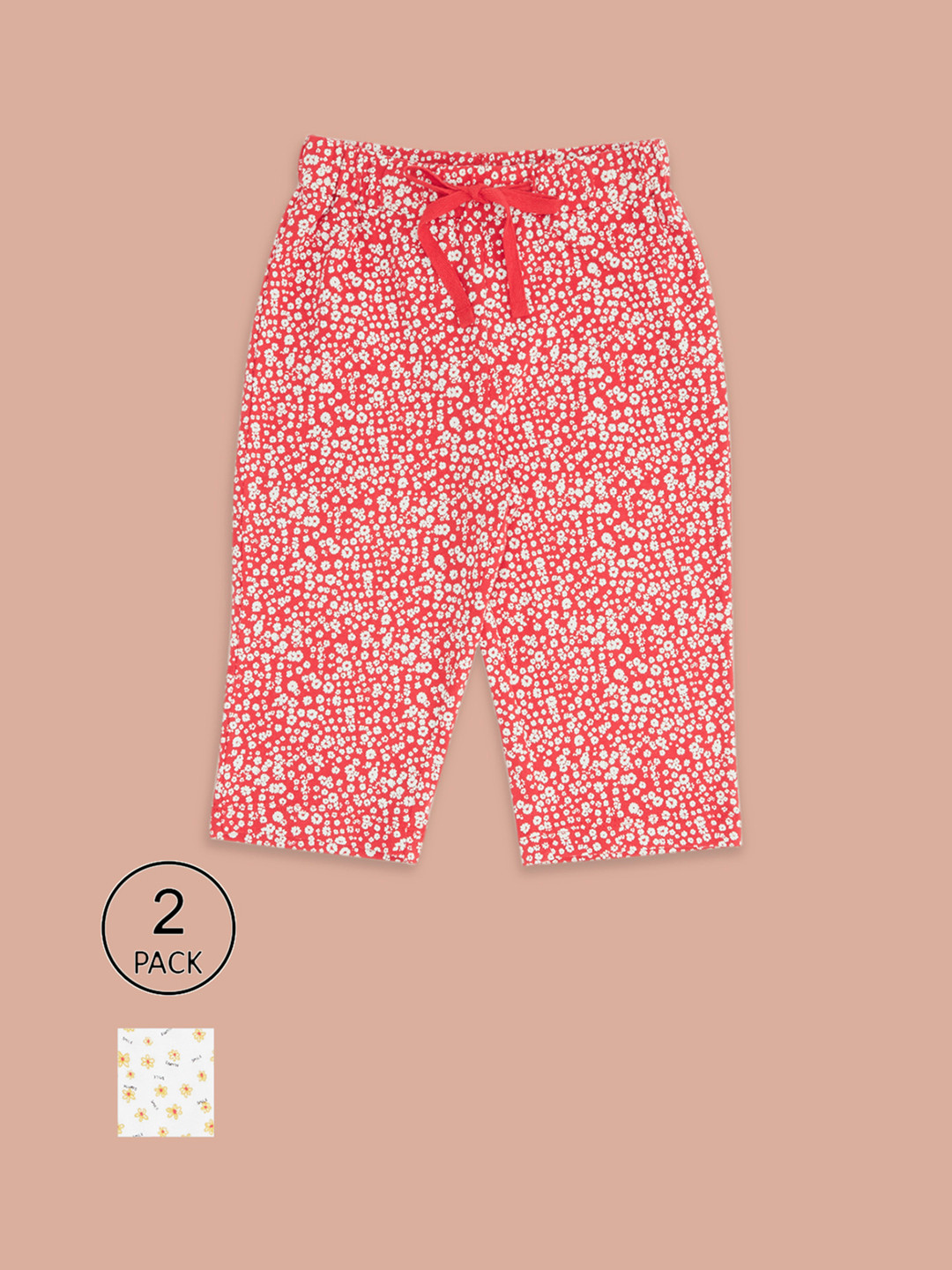 

Pantaloons Junior Girls Pack of 2 Floral Printed Cotton Lounge Capris, Red