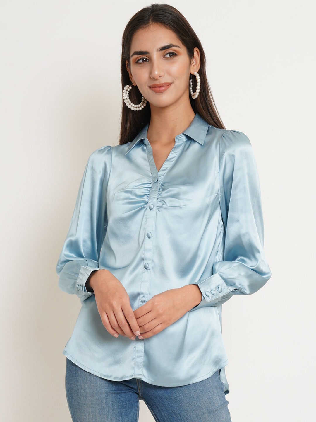 

IX IMPRESSION Women Casual Satin Shirt, Blue