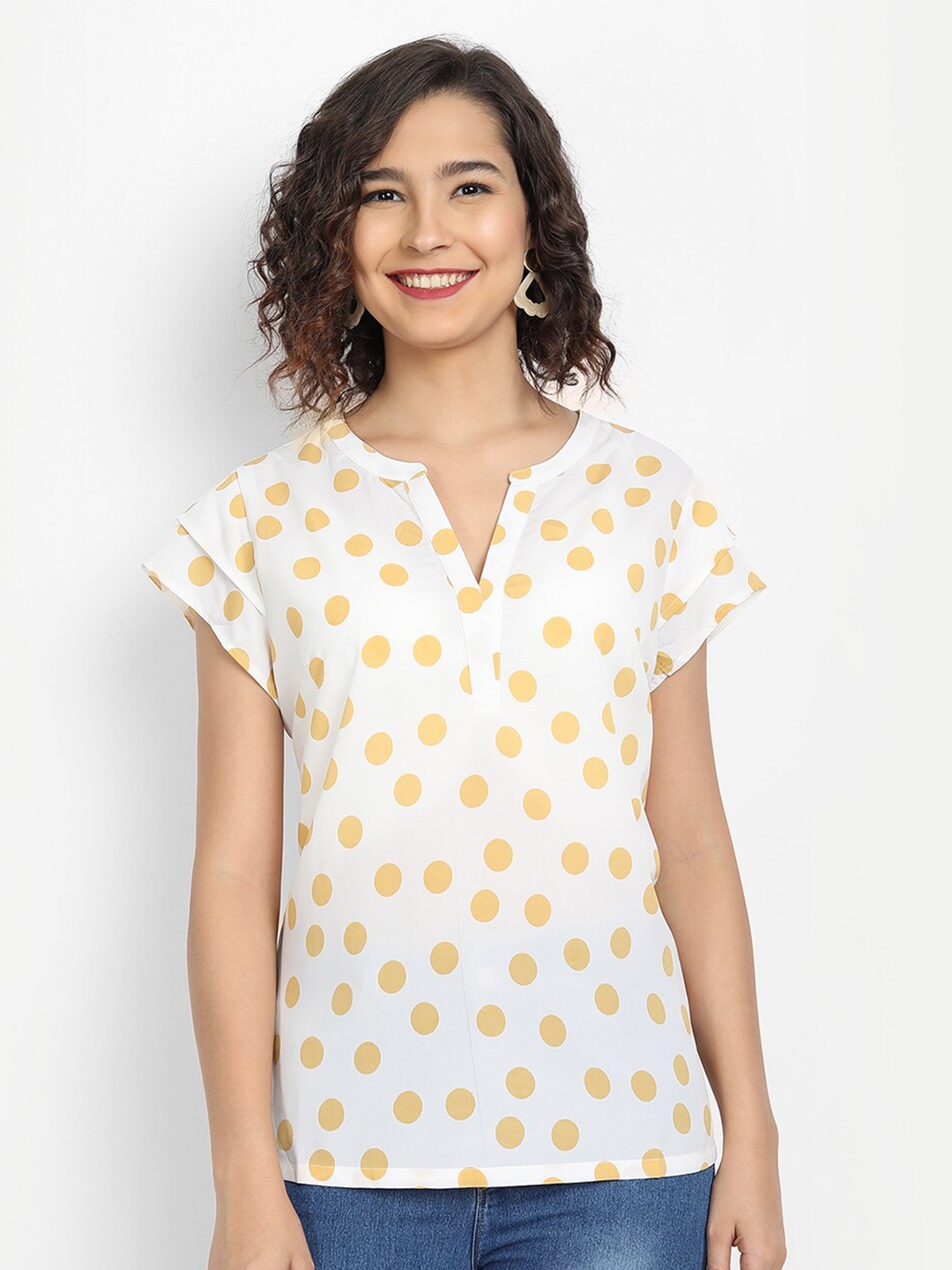 

IX IMPRESSION Polka Dots Print Mandarin Collar Top, Yellow