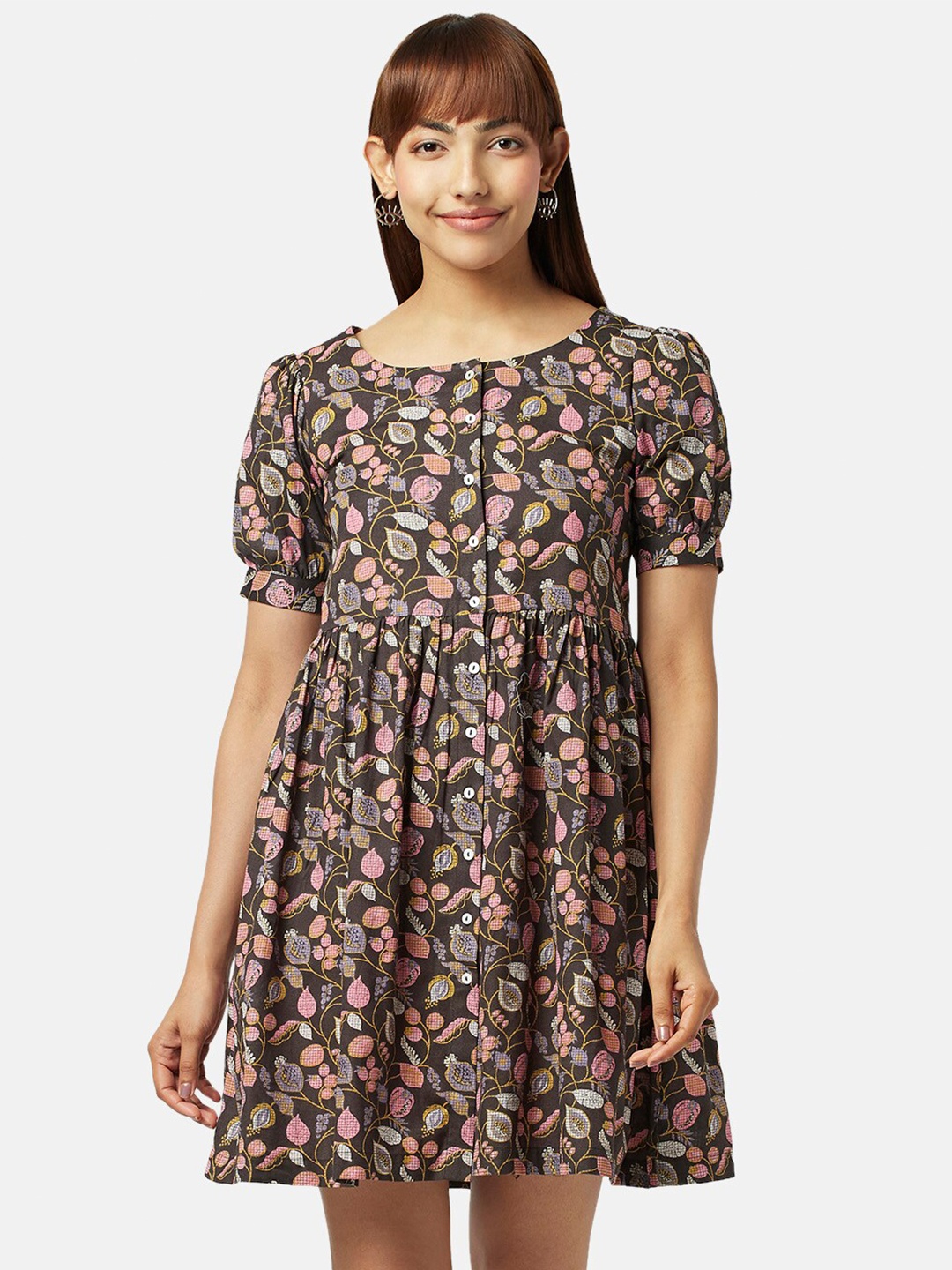 

AKKRITI BY PANTALOONS Cotton Floral Dress, Charcoal