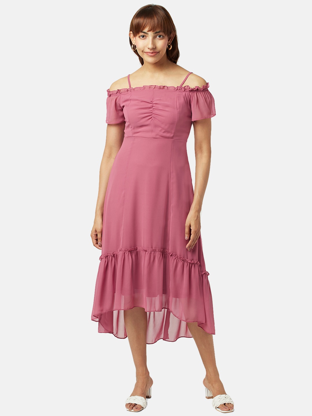 

Honey by Pantaloons Flounce Hemline Ruched Detailed Midi Fit & Flare Dress, Mauve