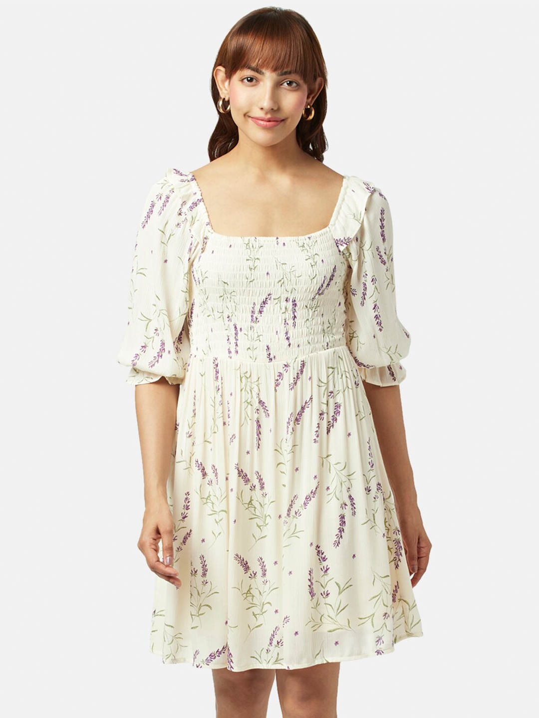 

Honey by Pantaloons Floral Printed Smocked Detailed Puff Sleeves Fit & Flare Dress, Off white