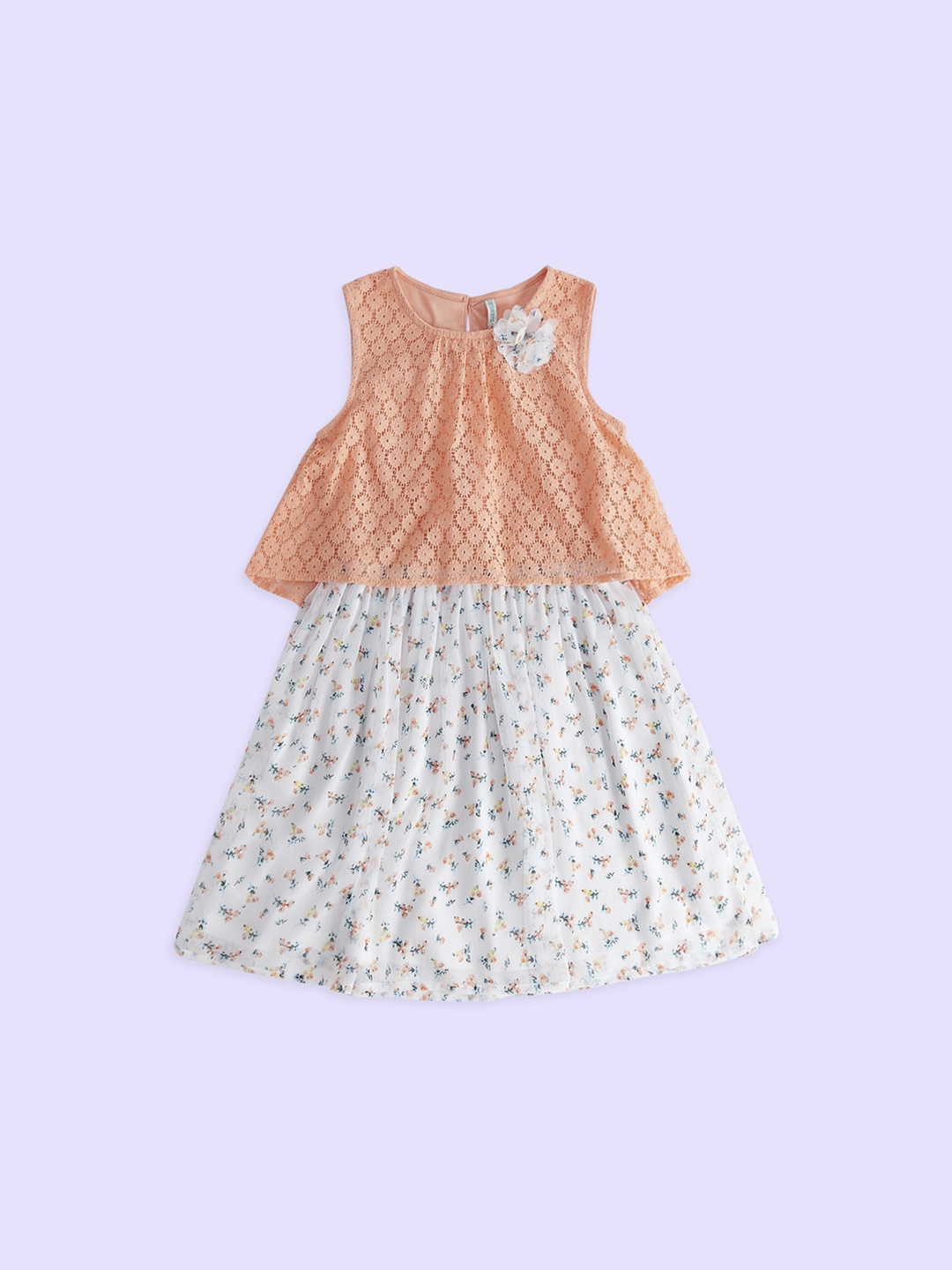 Pantaloons Junior Girls Floral Printed Sleeveless A-Line Cotton Dress, Peach