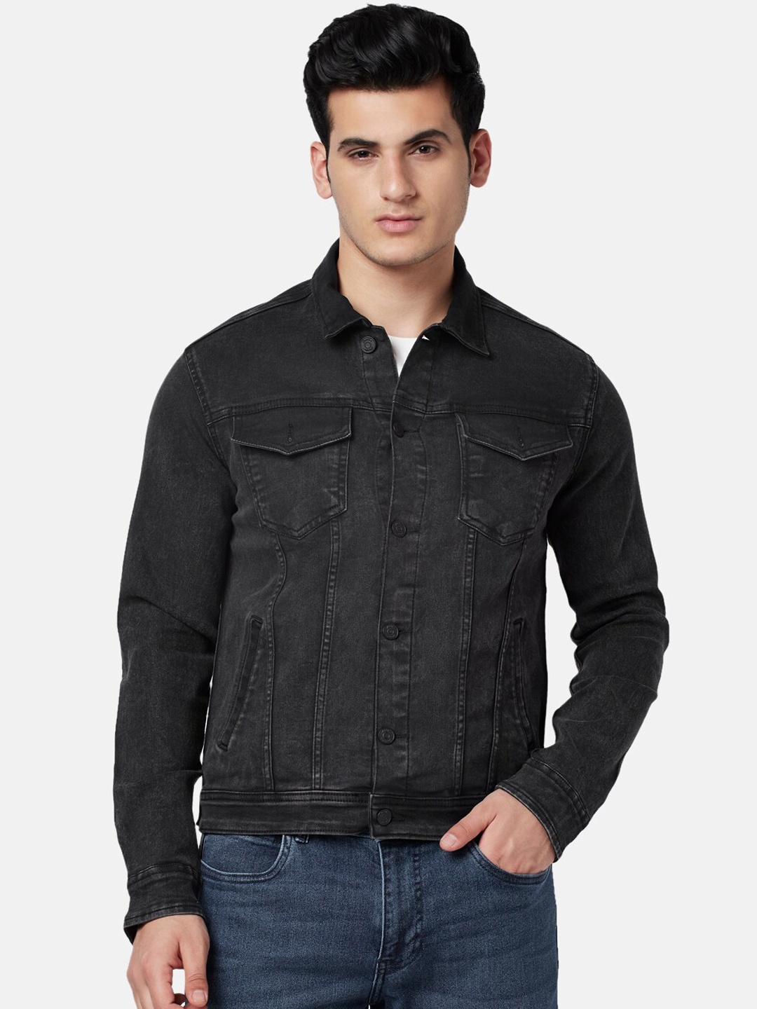 

People Men Spread Collar Denim Jacket, Black