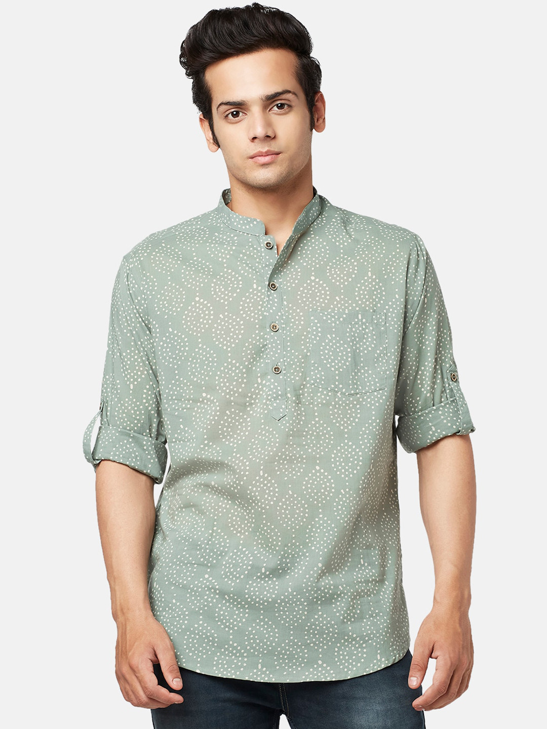 

indus route by Pantaloons Men Mandarin Collar Printed Cotton Kurta, Green