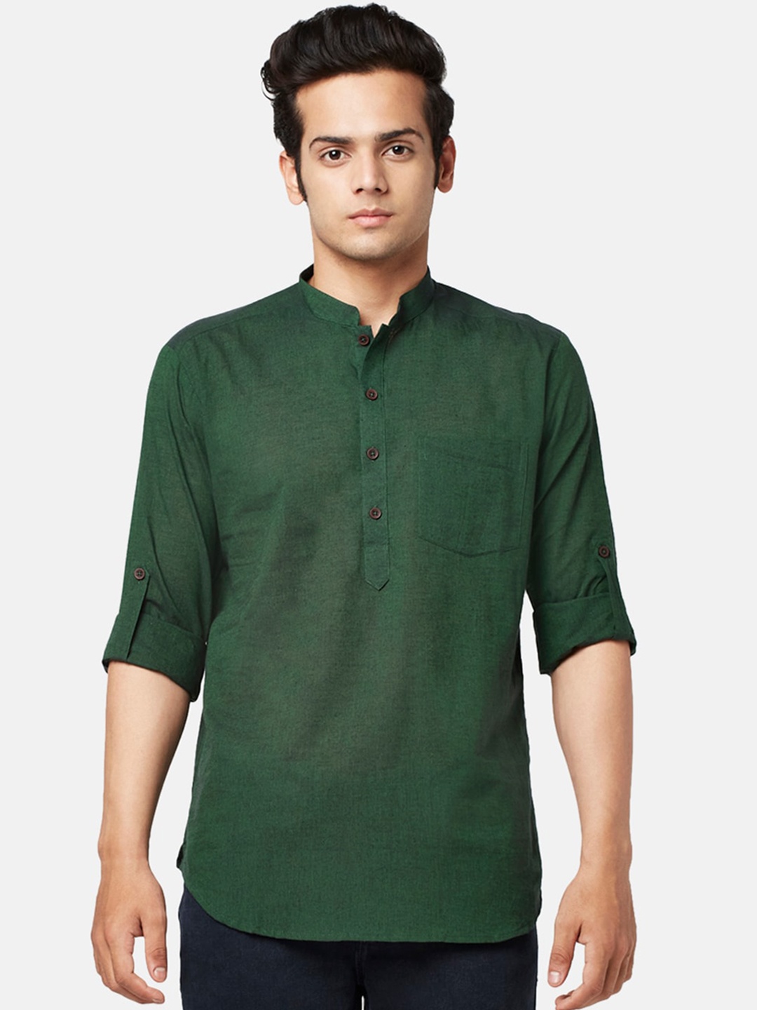 

indus route by Pantaloons Men Roll-Up Sleeves Cotton Kurta, Green