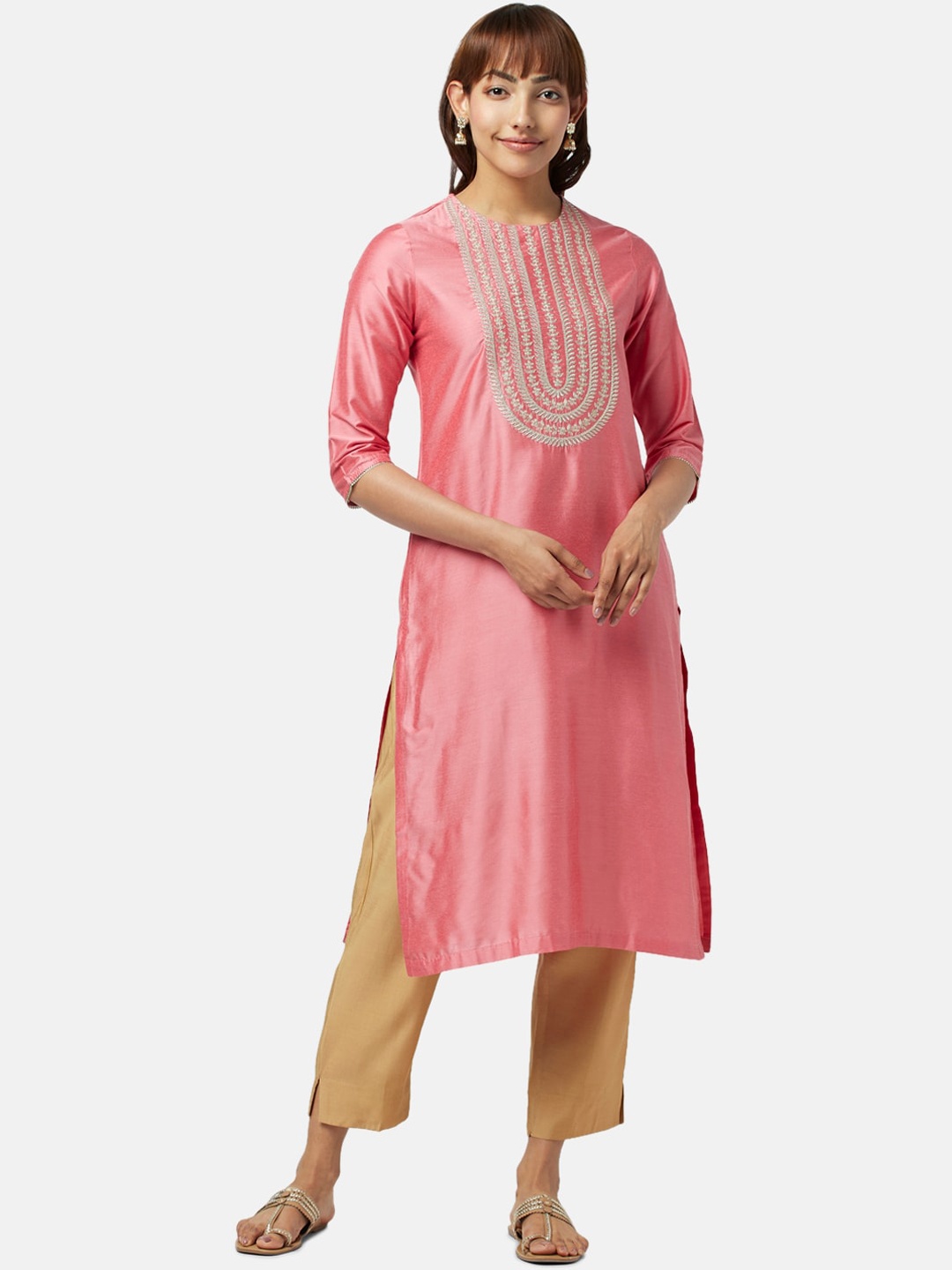 

RANGMANCH BY PANTALOONS Ethnic Motifs Embroidered Round Neck Straight Kurta, Pink