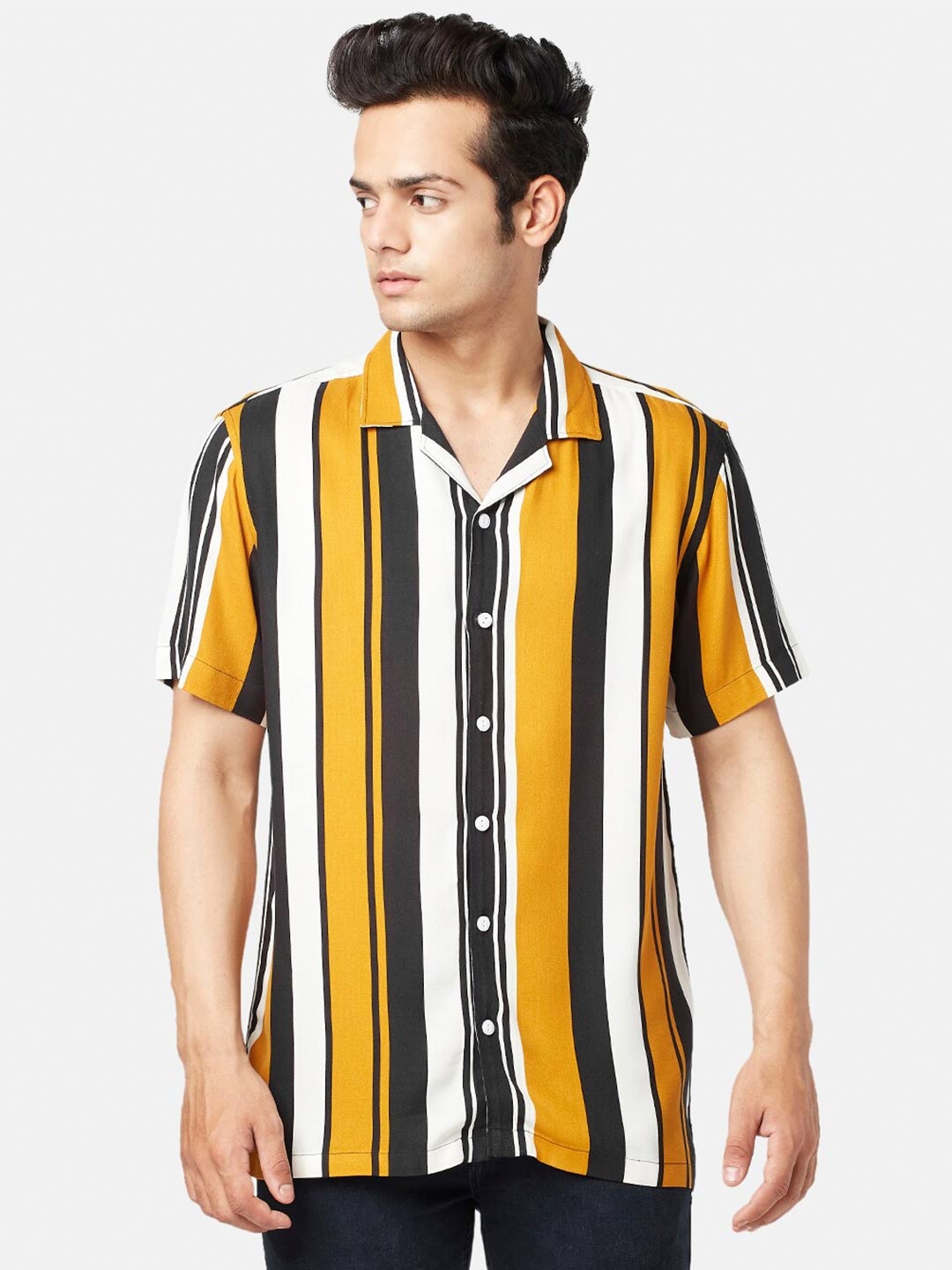 

People Men Slim Fit Striped Casual Shirt, Mustard