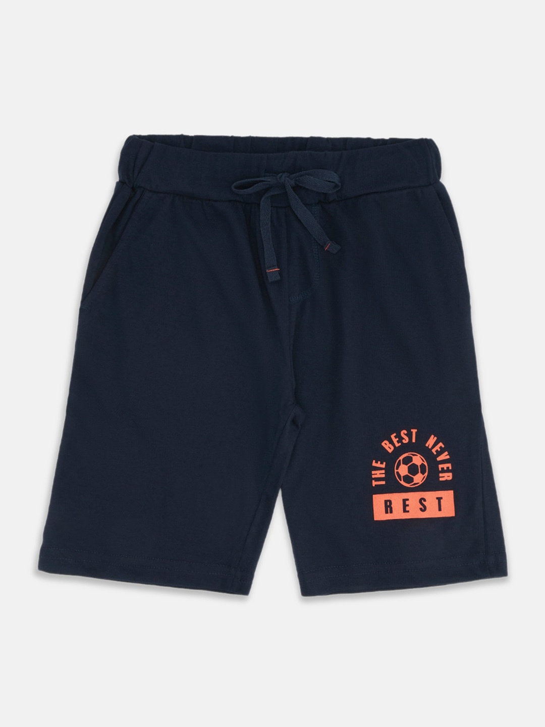 

Pantaloons Junior Boys Typography Printed Cotton Regular Fit Shorts, Navy blue
