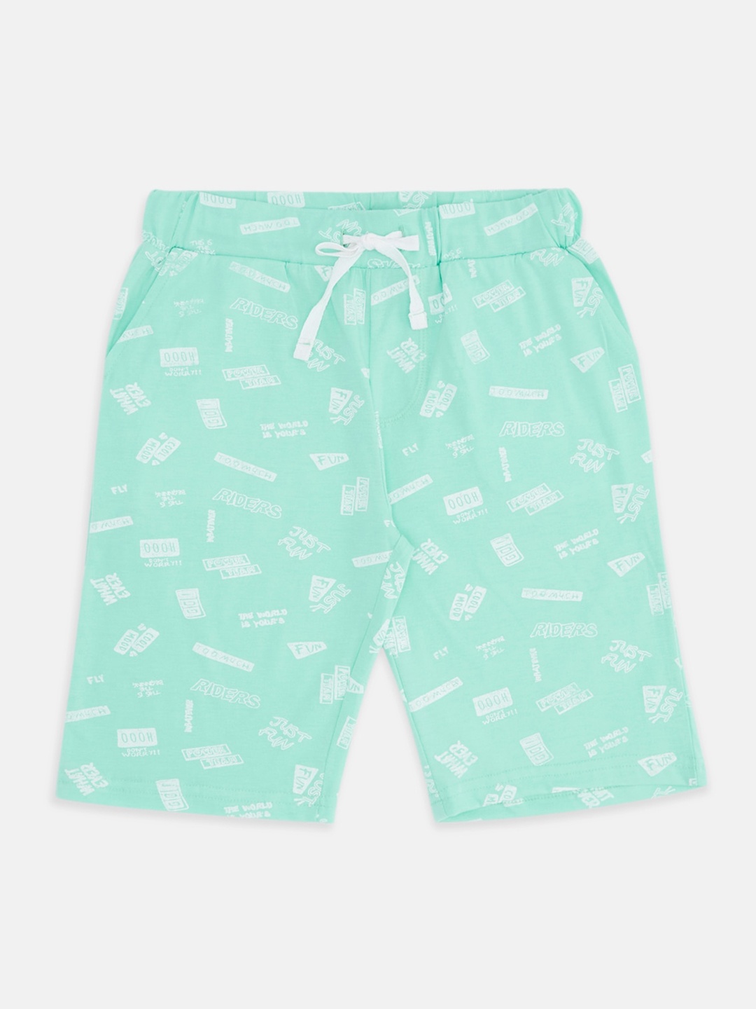 

Pantaloons Junior Boys Conversational Printed Cotton Regular Fit Shorts, Sea green