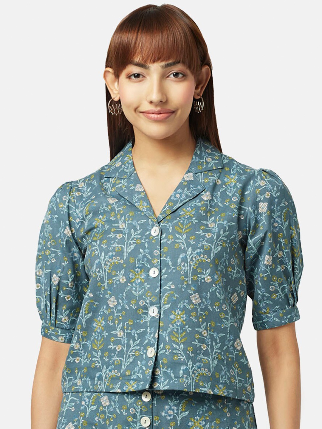 

AKKRITI BY PANTALOONS Floral Print Shirt Style Top, Teal