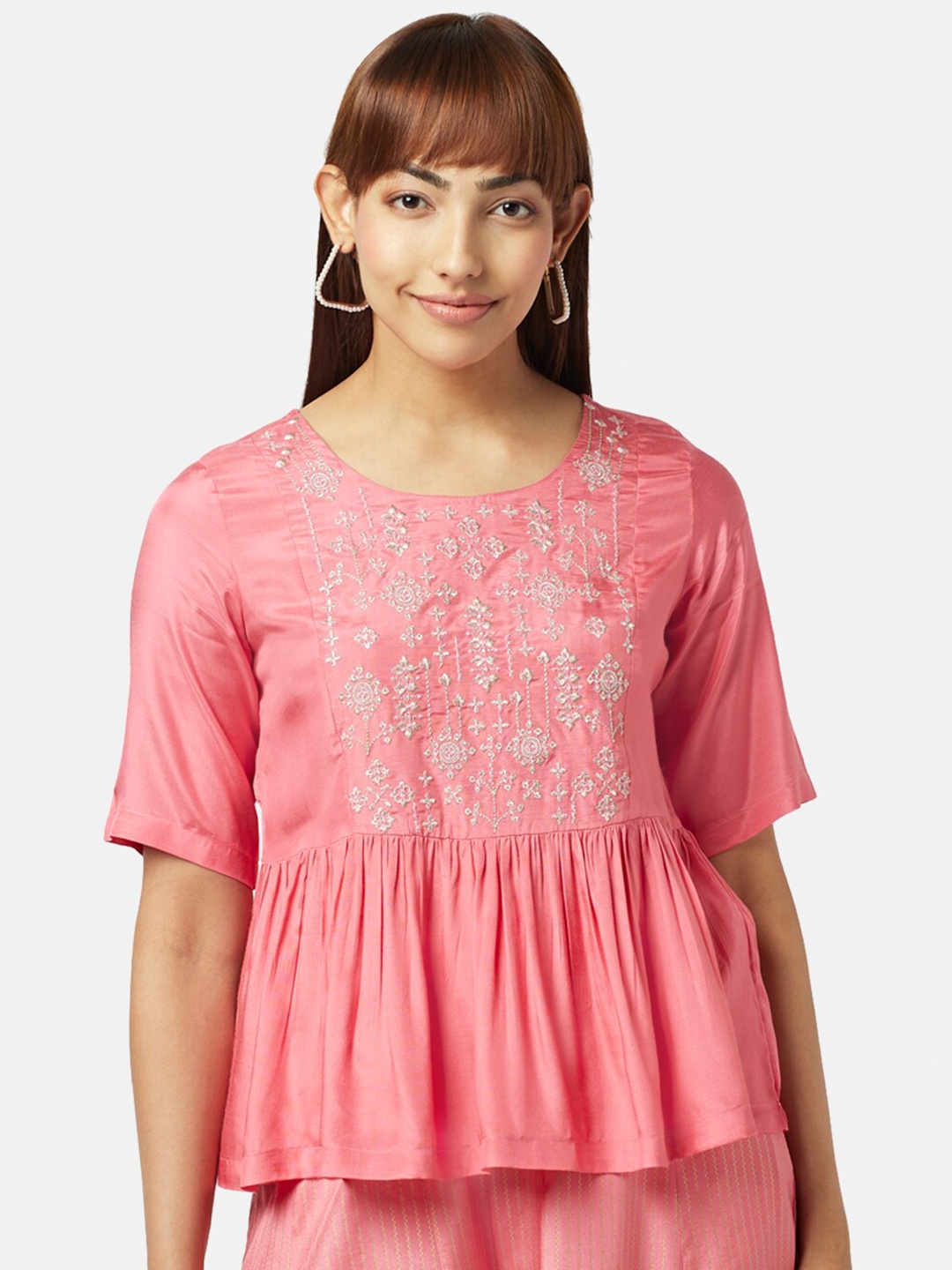 

AKKRITI BY PANTALOONSFloral Embroidered Empire Top, Coral