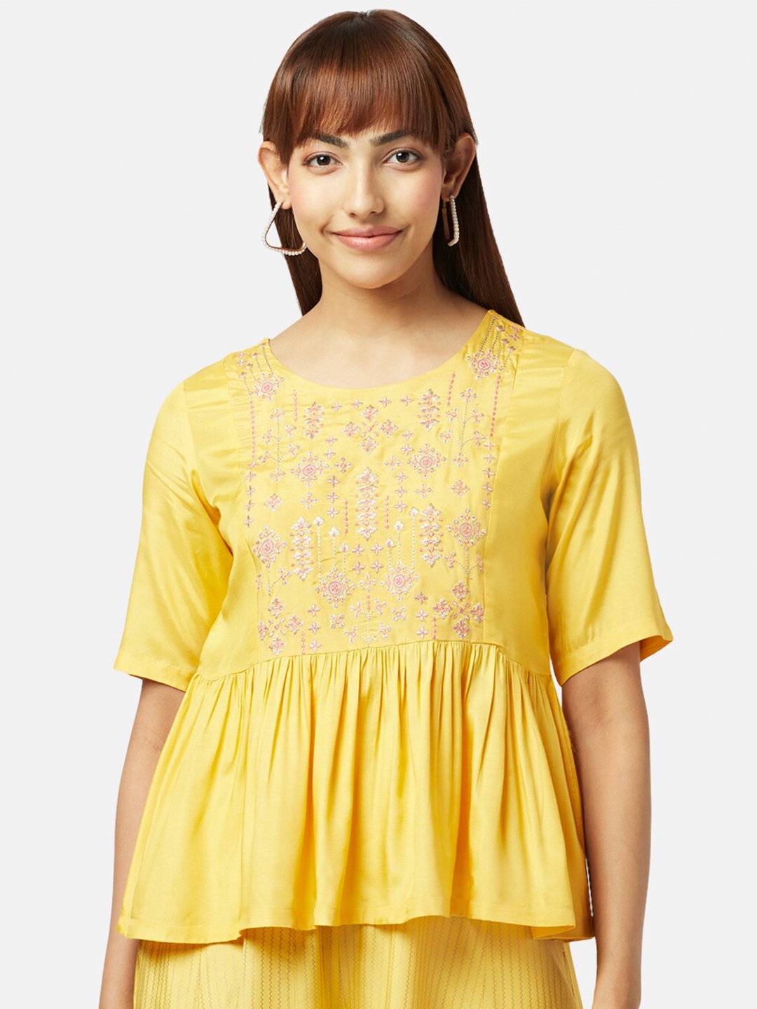 

AKKRITI BY PANTALOONS Ethnic Motifs Embroidered Peplum Top, Mustard