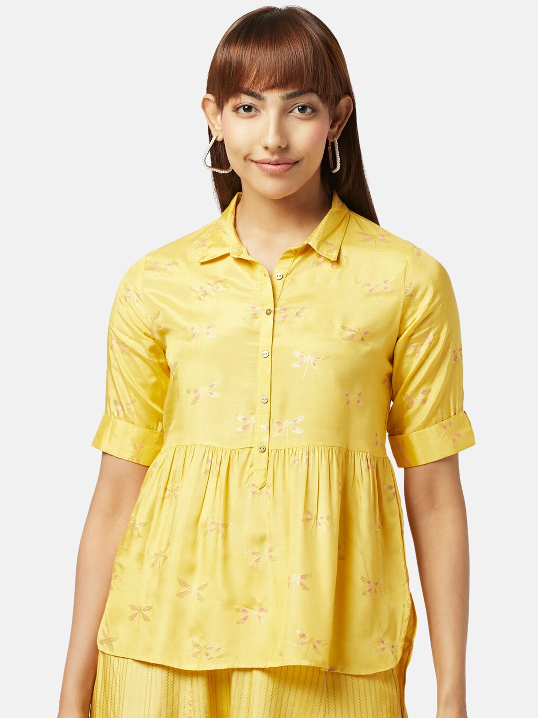 

AKKRITI BY PANTALOONS Floral Print Shirt Style Top, Yellow