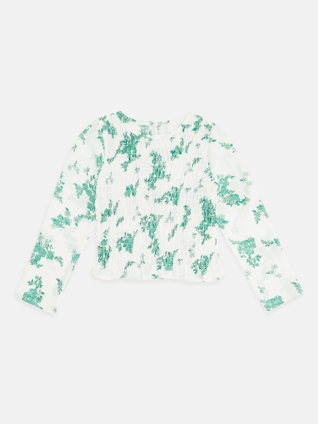 Pantaloons Junior Girls Floral Print Smocked Cotton Top, White
