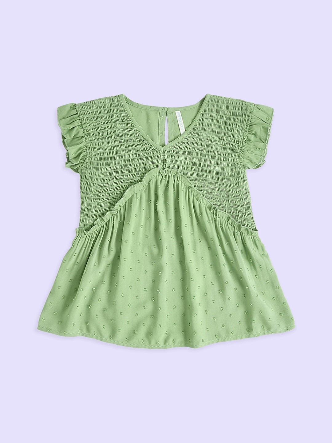 

Pantaloons Junior Self Design Smocked Detailed Flutter Sleeves Cotton Regular Top, Green