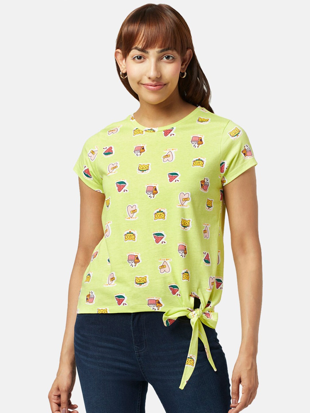 

People Conversational Printed Tie-Up Detailed Cotton Regular Top, Lime green