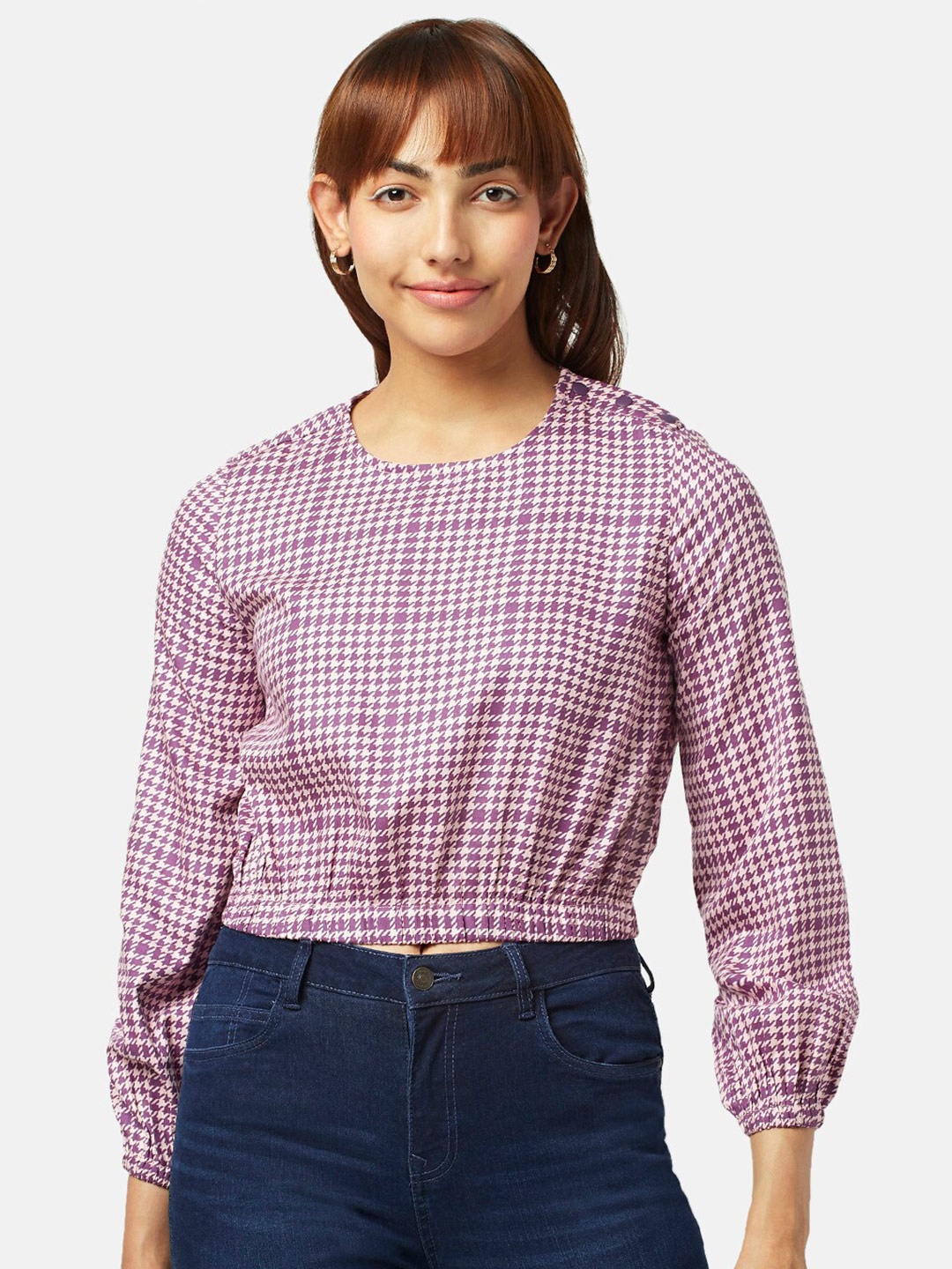 

People Checked Blouson Crop Top, Pink