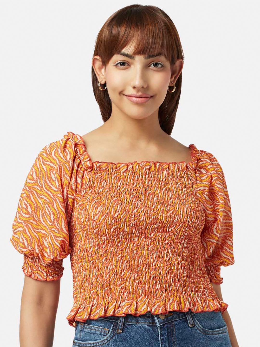 

People Square Neck Print Crop Top, Rust