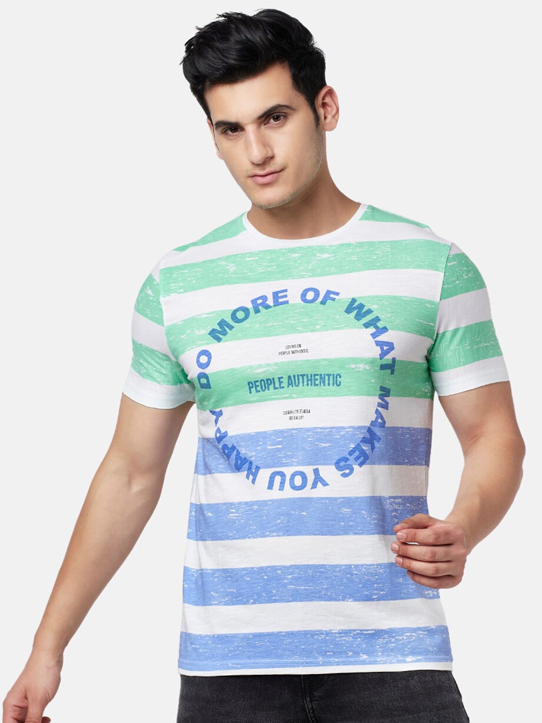 

People Men Pure Cotton Striped T-shirt, Blue