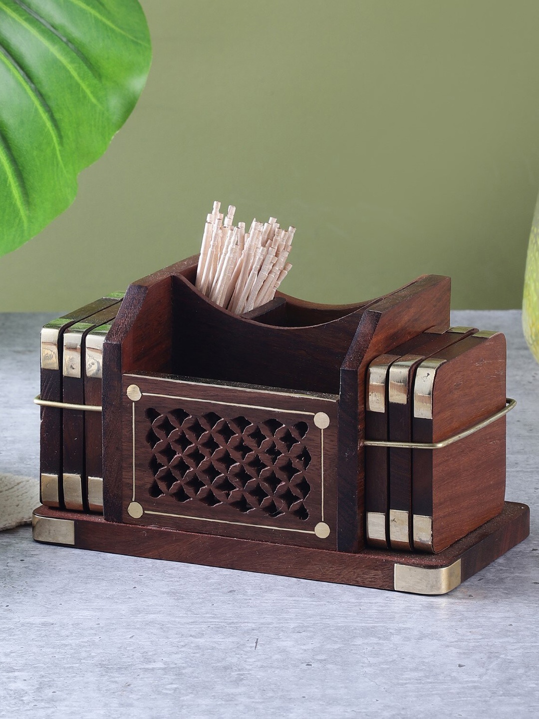 

The Decor Mart Wooden 7-Pieces Cutlery Holder with Coasters, Brown