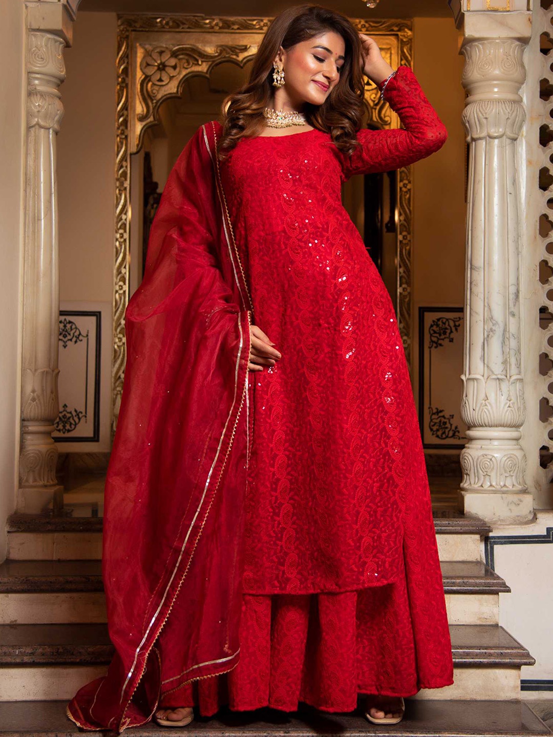 

Calmna Women Embroidered Long Sleeve Sequinned Kurta with Palazzos & Dupatta, Red