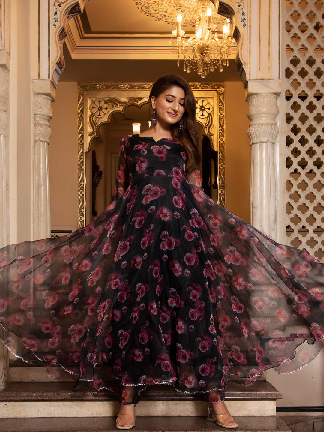 

Calmna Women Printed Notch Neck Gotta Patti Kurta with Trousers & Dupatta, Black