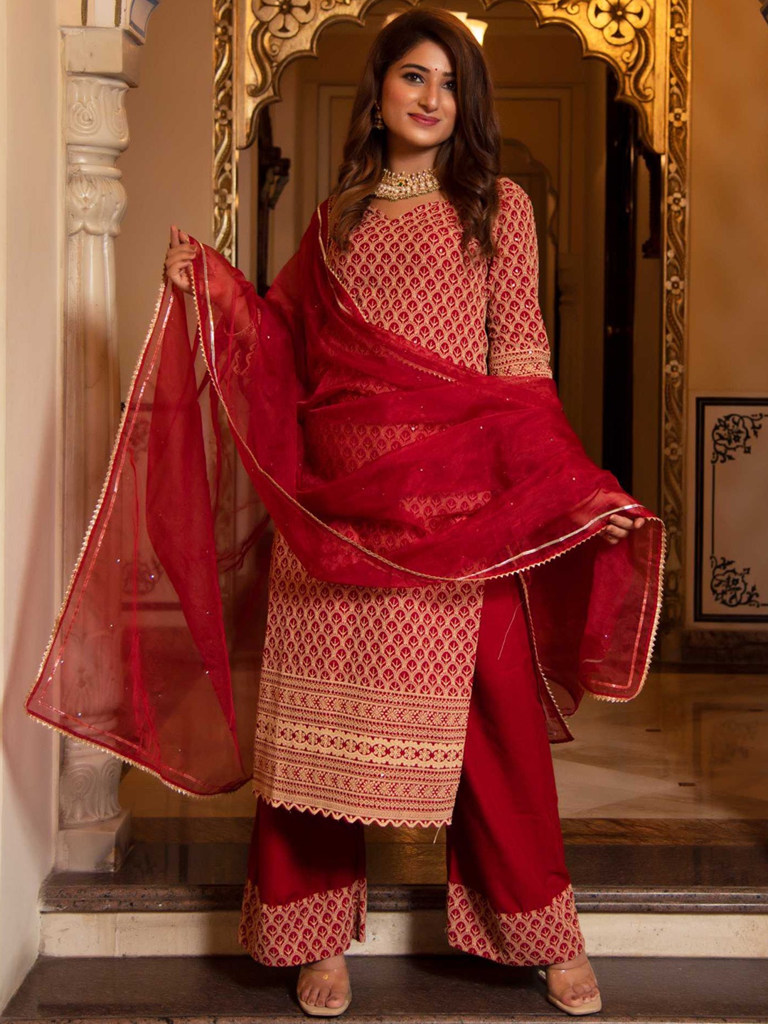 

Calmna Women Embroidered Chikankari Kurta with Palazzos & Dupatta, Red